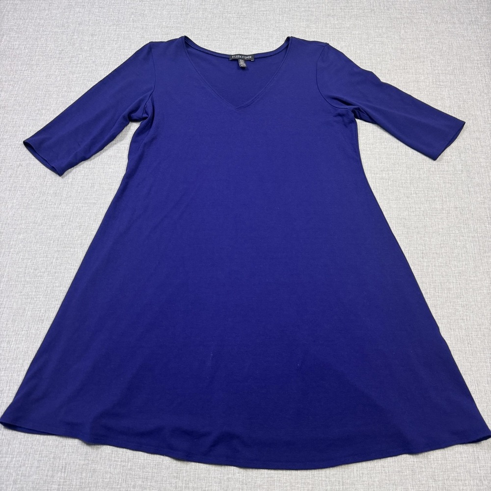 Eileen Fisher Dress Womens XS Blue Trapeze Swing Short V-Neck 3/4 Sleeve
